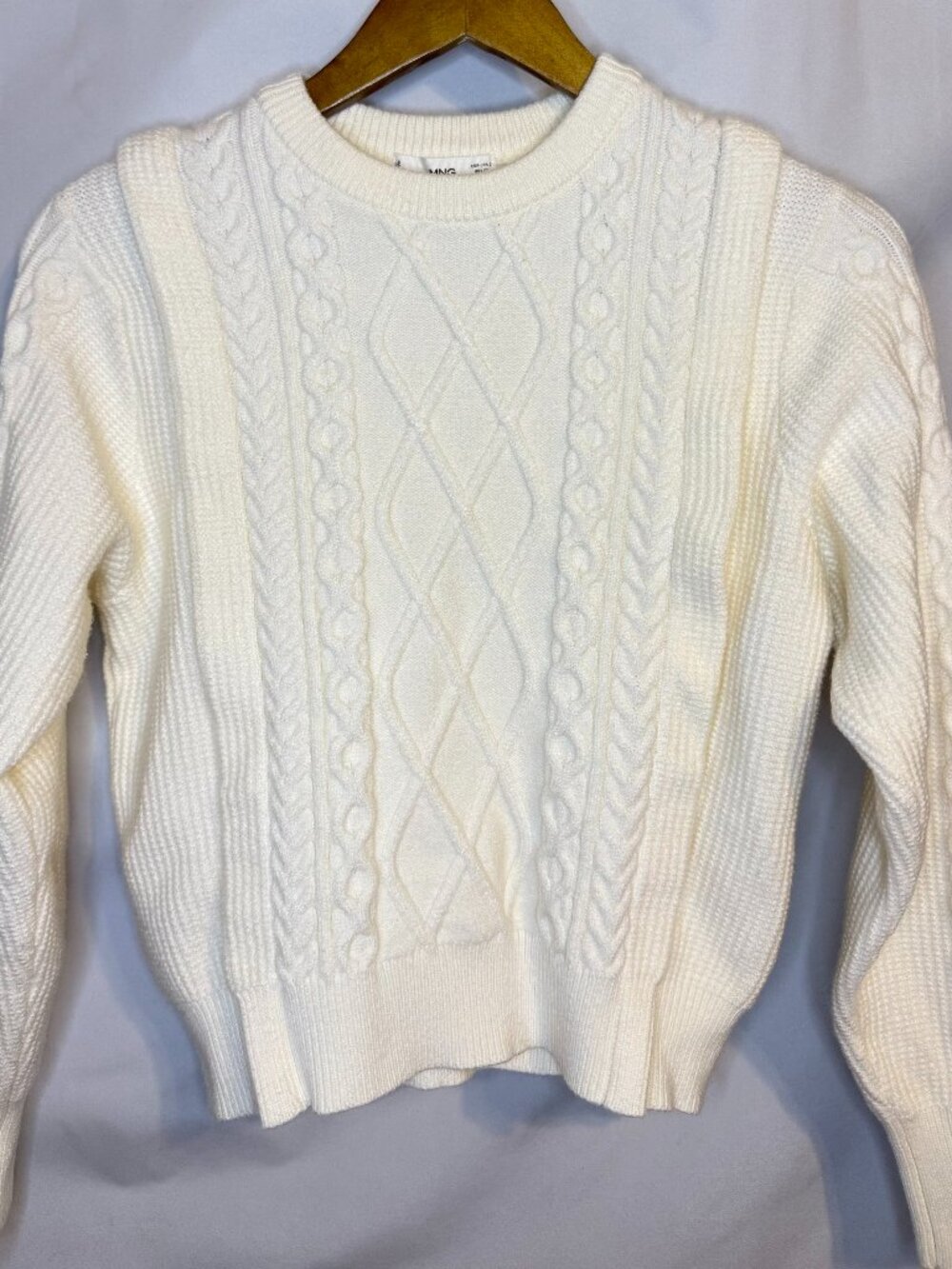 MNG Mango White Chunky Cable Knit Sweater Size S Crew Neck Long Sleeve Cozy